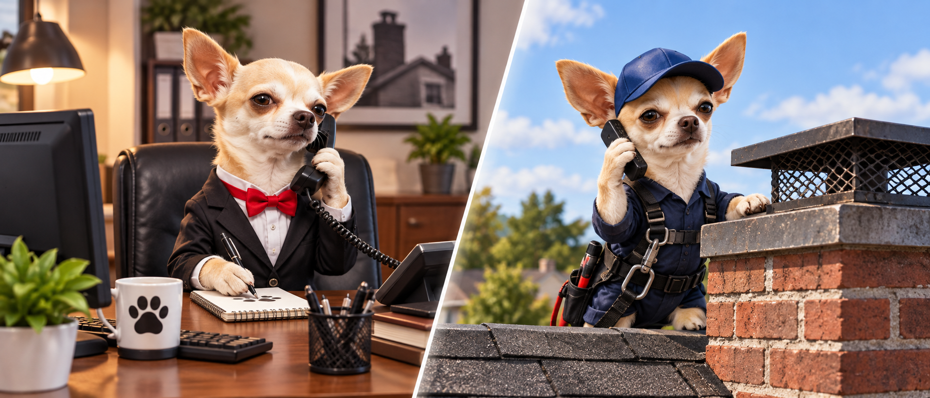 Two Chihuahuas on the phone: one at an office desk and one beside a rooftop chimney.